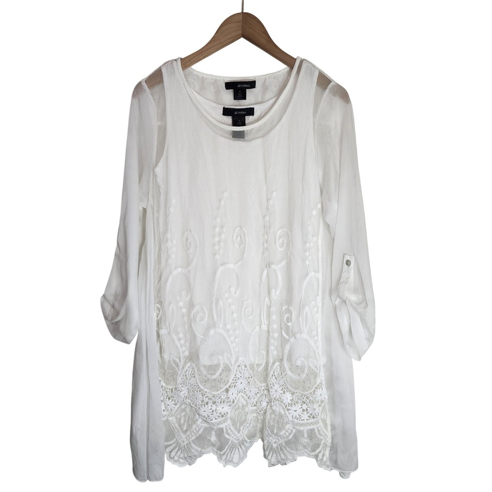 Ali Miles Tunic Top Women's Medium Two Piece Lace Sheer White‎